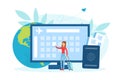 Tiny Woman Tourist Character Searching Flight Schedule, Traveling over the World Concept Vector Illustration
