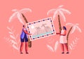 Tiny Women Characters Holding Huge Photo or Postcard with Tropical Beach and Palm Trees, Summer Time Vacation