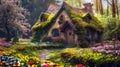 Tiny wooden house overgrown with vegetation, ivy, spring landscape, atmosphere. Flowering flowers, a symbol of spring, new life Royalty Free Stock Photo