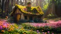 Tiny wooden house overgrown with vegetation, ivy, spring landscape, atmosphere. Flowering flowers, a symbol of spring, new life Royalty Free Stock Photo