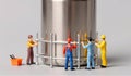 Tiny workers build a structure around a can, showcasing creativity and teamwork in miniature form Royalty Free Stock Photo