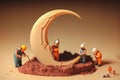 Tiny workers building a crescent moon on Ramadan, Generative ai. Miniature world photography a crew of tiny workers