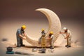 Tiny workers building a crescent moon on Ramadan, Generative ai. Miniature world photography a crew of tiny workers