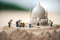 Tiny workers building a mosque on Ramadan, Generative ai. Miniature world photography a crew of tiny workers