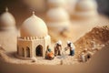 Tiny workers building a mosque on Ramadan, Generative ai. Miniature world photography a crew of tiny workers