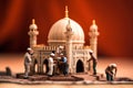 Tiny workers building a mosque on Ramadan, Generative ai. Miniature world photography a crew of tiny workers