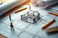 Tiny workers with hard hats build model house on blueprints. Architects plan home design project with tools and drawings. Concept Royalty Free Stock Photo