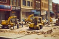 Tiny workers in protective helmets and vests doing earthworks close up. Generative AI illustration