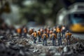 Tiny workers in protective helmets and vests doing earthworks close up. Generative AI illustration