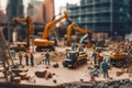 Tiny workers in protective helmets and vests doing earthworks close up. Generative AI illustration