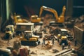 Tiny workers in protective helmets and vests doing earthworks close up. Generative AI illustration