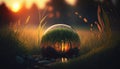 Tiny world in a glass bubble marble in a grass field at golden hour. Abstract life microcosm ecosystem.