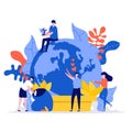 Tiny world in pot with young man and woman. Group of people care and protect the earth. Vector banner on the ecology of