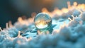 A tiny world reflected in a crystal sphere resting on a unique textured surface at sunset. Generative AI Royalty Free Stock Photo