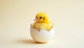 Tiny yellow chick sits in cracked eggshell on light backdrop. Cute fluffy bird looks from shell. Spring holiday card design. Royalty Free Stock Photo