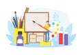 Tiny Young Woman Artist Painting with Big Paintbrush on Easel Vector Illustration Royalty Free Stock Photo