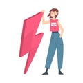 Tiny Young Woman Holding Huge Lightning Cartoon Style Vector Illustration