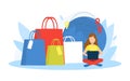 Tiny Young Young Woman Shopping Online Using Laptop, Huge Paper Bags Standing Next to Her, Girl on Seasonal Sale Vector