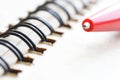 The tip of a red ballpoint pen rests on an open spring-bound notebook. The concept of learning at school, institute, college or Royalty Free Stock Photo
