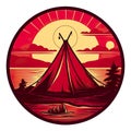 Tipi in dark forest at night, AI generative flat red black illustration