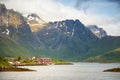 Tipical red fishing houses on fjord, Lofoten islands, Norway