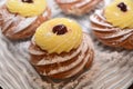 Tipical sweet italian dessert zeppole of san giuseppe day festivity event pie with cream cherry Royalty Free Stock Photo