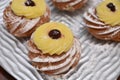 Tipical sweet italian dessert zeppole of san giuseppe day festivity event pie with cream cherry Royalty Free Stock Photo