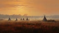 Painting of tipis, Native American tents in grassland