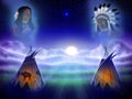 Tipis at night. Ancestor spirits above a plains Native American settlement.