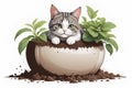 Tipped over potted plant with dirt everywhere and a cute cat sitting in the middle of the pot