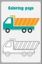 Tipper truck in cartoon style, coloring page, education paper game for the development of children, kids preschool activity,
