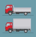 Tipper truck and delivery truck isolated on blue background.