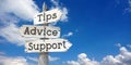 Tips, advice, support - wooden signpost with three arrows