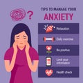 Tips for anxiety management infographic. Woman with anxiety disorder with useful advice.