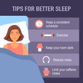 Tips for better sleep at night infographics. Sleeping woman in bedroom and useful advices for better sleep.