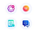 Tips, Cogwheel and Scroll down icons set. Smile face sign. Quick tricks, Engineering tool, Swipe arrow. Chat. Vector
