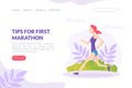 Tips for First Marathon Landing Page Template, Running Competition Web Page, Young Woman Jogging or Running in Park