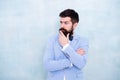 Tips for grooms. How to beat nerves on wedding day. Man bearded hipster formal suit with bow tie. Wedding fashion Royalty Free Stock Photo