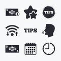 Tips icons. Cash with coin money symbol. Royalty Free Stock Photo