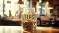 Tips Jar on Cafe Counter with Handwritten Label.