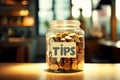 Tips Jar on Cafe Counter with Handwritten Label.