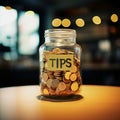 Tips Jar on Cafe Counter with Handwritten Label.