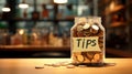 Tips Jar on Cafe Counter with Handwritten Label.