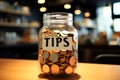 Tips Jar on Cafe Counter with Handwritten Label.