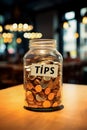 Tips Jar on Cafe Counter with Handwritten Label.