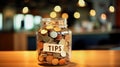 Tips Jar on Cafe Counter with Handwritten Label.