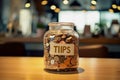 Tips Jar on Cafe Counter with Handwritten Label.