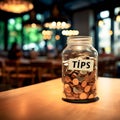 Tips Jar on Cafe Counter with Handwritten Label.