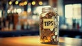 Tips Jar on Cafe Counter with Handwritten Label.