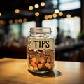 Tips Jar on Cafe Counter with Handwritten Label.
